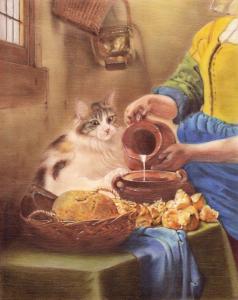 猫絵師 目羅健嗣の作品「牛乳に目を注ぐ猫 (フェルメール 牛乳を注ぐ女 リスペクト)」
