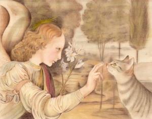 猫絵師 目羅健嗣の作品「天使の指先 (ダ・ヴィンチ 受胎告知 リスペクト)」