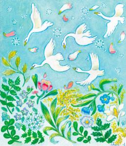 さいとうあかりの作品「空飛ぶ白鳥と花」