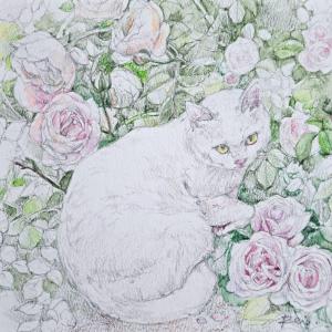ほんじょうれいこの作品「White cat with roses」